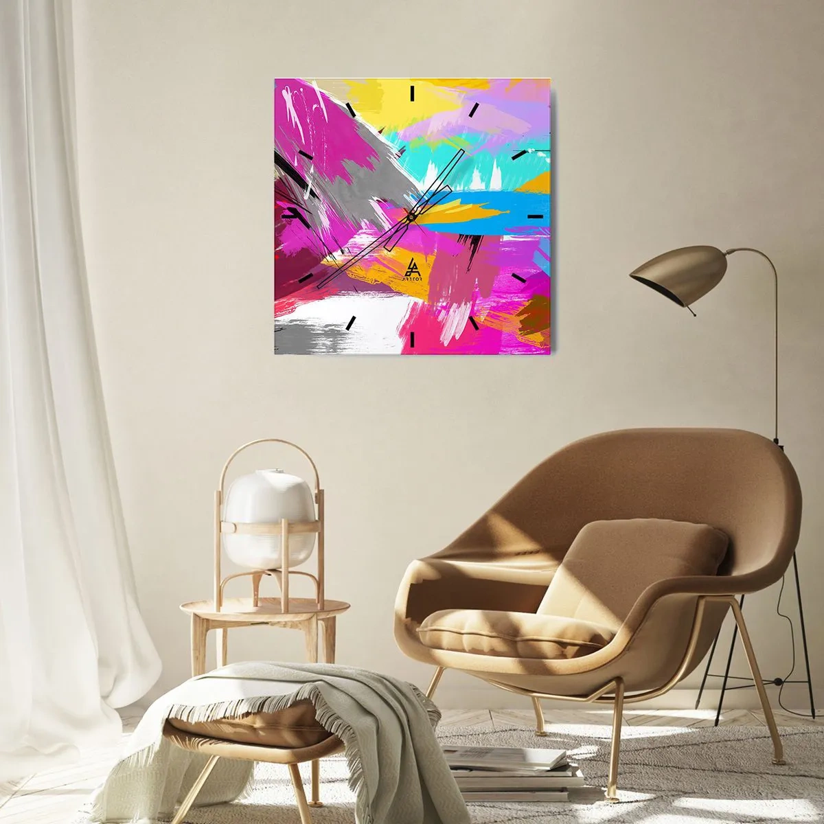 Zegar ścienny - Dynamiczna abstrakcja w intensywnych kolorach - 30x30cm - Maz, maz, maz jeszcze raz - Nowoczesna dekoracja ścienna do salonu i sypialni ARTTOR