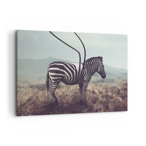Obraz na płótnie - Surrealistyczna zebra na tle trawiastego krajobrazu - 100x70cm - Uwaga! Usterka - Nowoczesna dekoracja ścienna do salonu, kuchni i sypialni ARTTOR