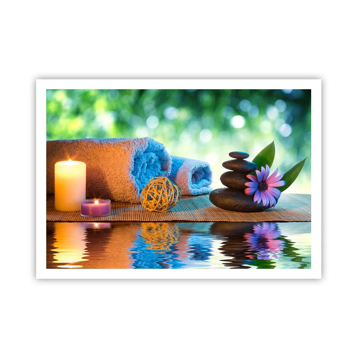 Plakat - Relaksacyjny zestaw SPA z ręcznikami, świecami i kamieniami - 100x70cm - Czas dla ciała - Nowoczesna dekoracja ścienna do salonu i sypialni ARTTOR