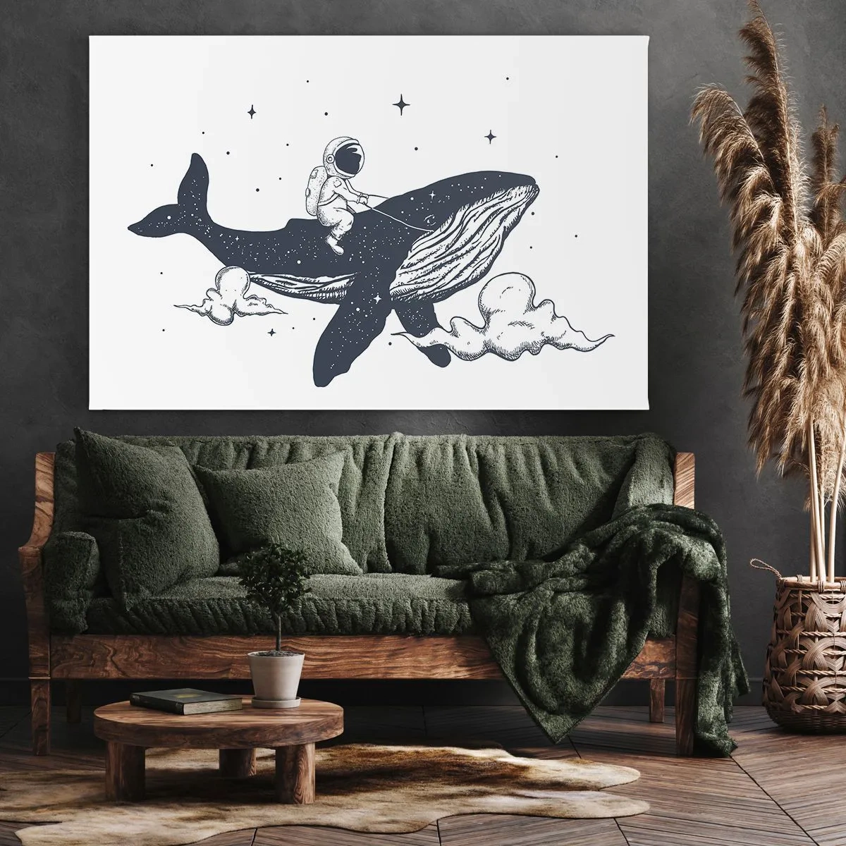 Obraz na płótnie - Astronauta na wielorybie unoszącym się w kosmosie - 70x50cm - Kosmiczna przygoda - Nowoczesna dekoracja ścienna do salonu i sypialni ARTTOR