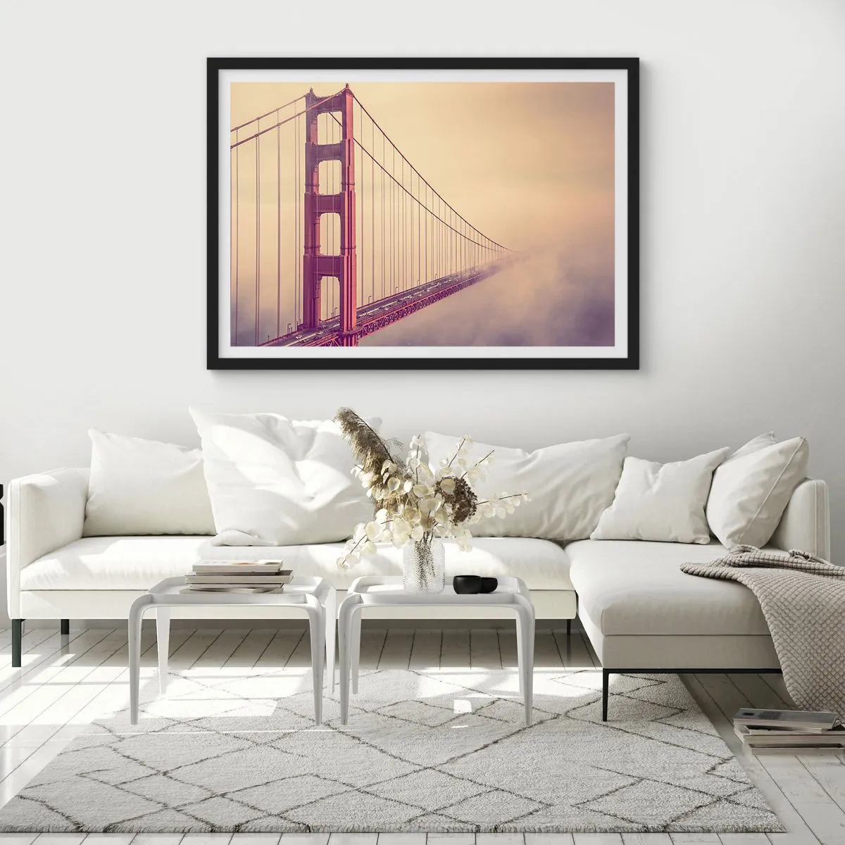 Plakat w czarnej ramie - Most w mgle w pastelowych odcieniach, symbol elegancji i spokoju - 100x70cm - Między niebem a ziemią - Nowoczesna dekoracja ścienna do salonu i sypialni ARTTOR