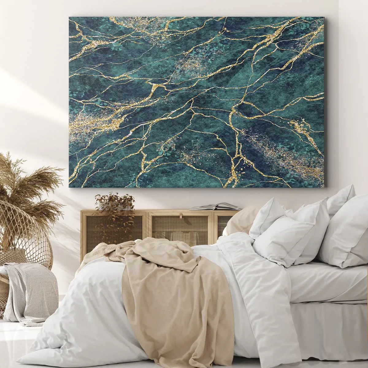 Obraz na płótnie - Teksturowany wzór marmuru w odcieniach turkusu i złota - 70x50cm - Żyła złota - Nowoczesna dekoracja ścienna do salonu i sypialni ARTTOR