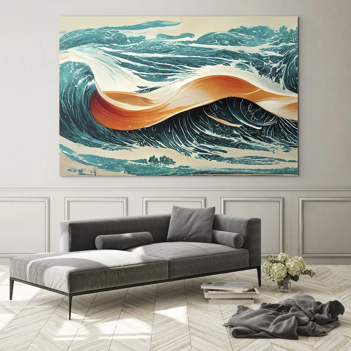 Obraz na szkle - Turkusowe fale z pomarańczową wstęgą w stylu surrealistycznym - 70x50cm - Sen surfera - Nowoczesna dekoracja ścienna do salonu i sypialni ARTTOR