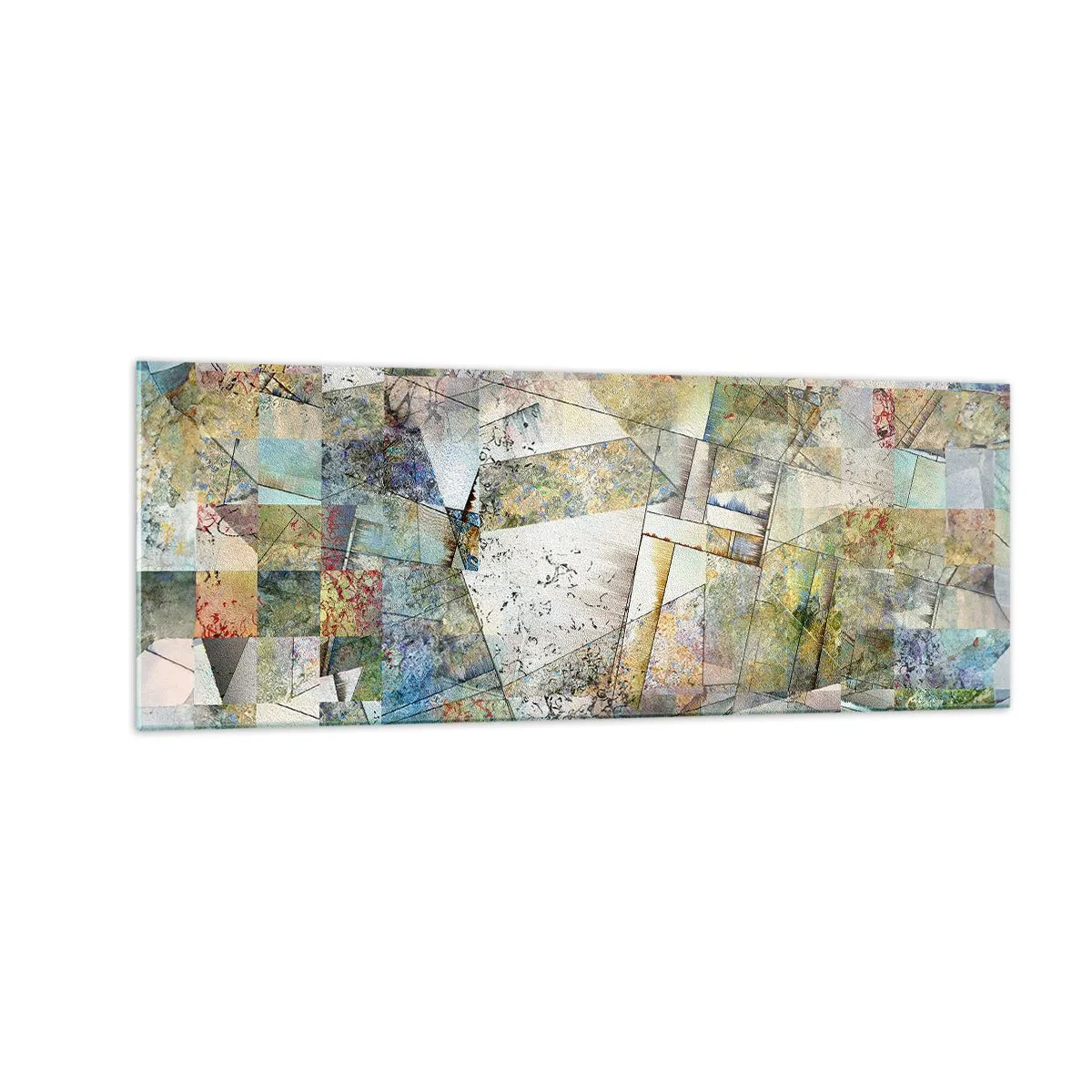 Obraz na szkle - Kolorowa abstrakcja z geometrycznymi kształtami i liniami - 140x50cm - Geometryczne przetasowanie - Nowoczesna dekoracja ścienna do salonu i sypialni ARTTOR
