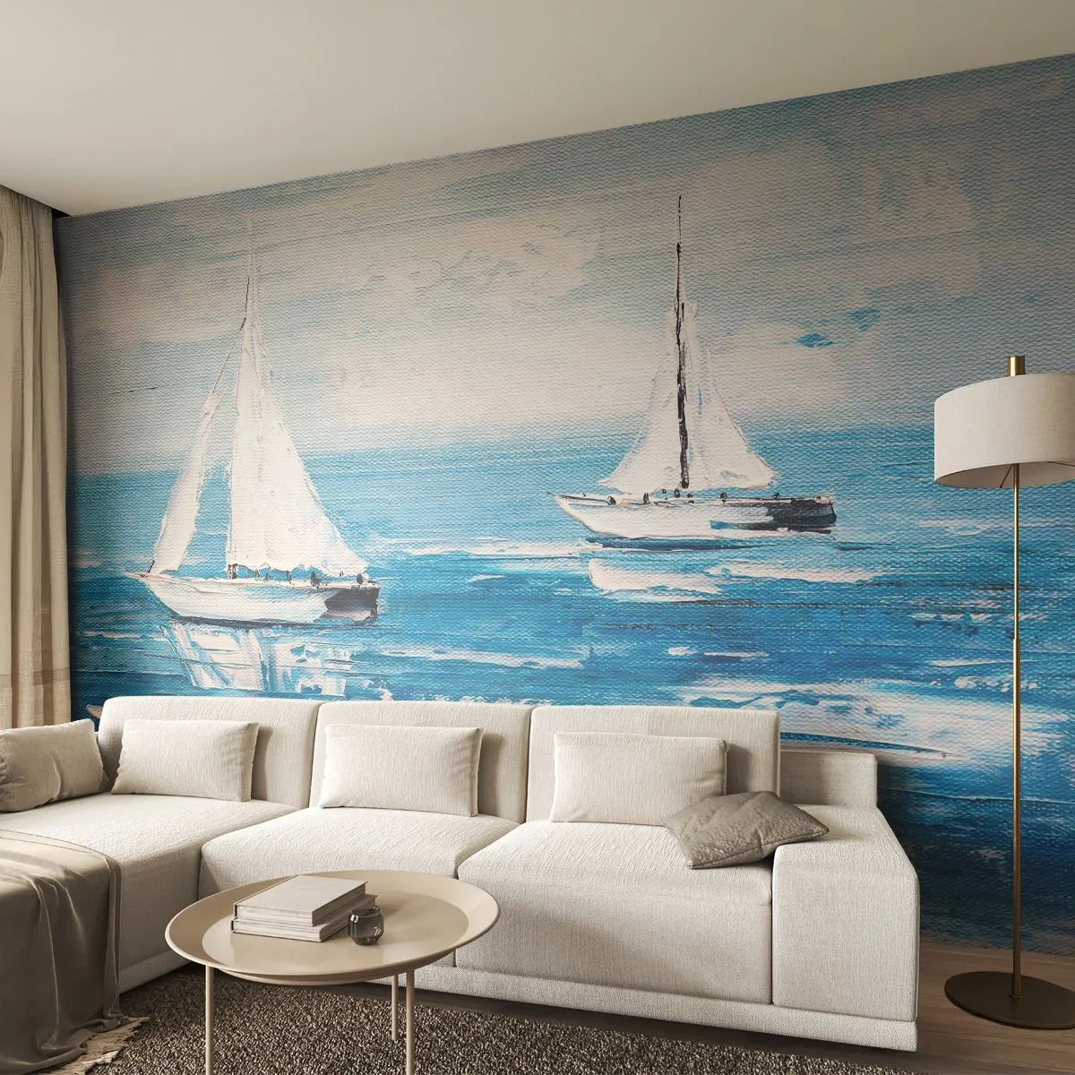Fototapeta Premium Sand - Dwie żaglówki na spokojnym morzu w błękitnej tonacji - 100x70cm - Z przyjacielem u boku - Nowoczesna dekoracja ścienna do salonu, kuchni i sypialni ARTTOR