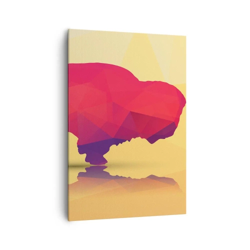 Obraz na płótnie - Geometryczna sylwetka bizona w odcieniach czerwieni i fioletu - 70x100cm - Amarantowa siła żubra - Nowoczesna dekoracja ścienna do salonu i sypialni ARTTOR