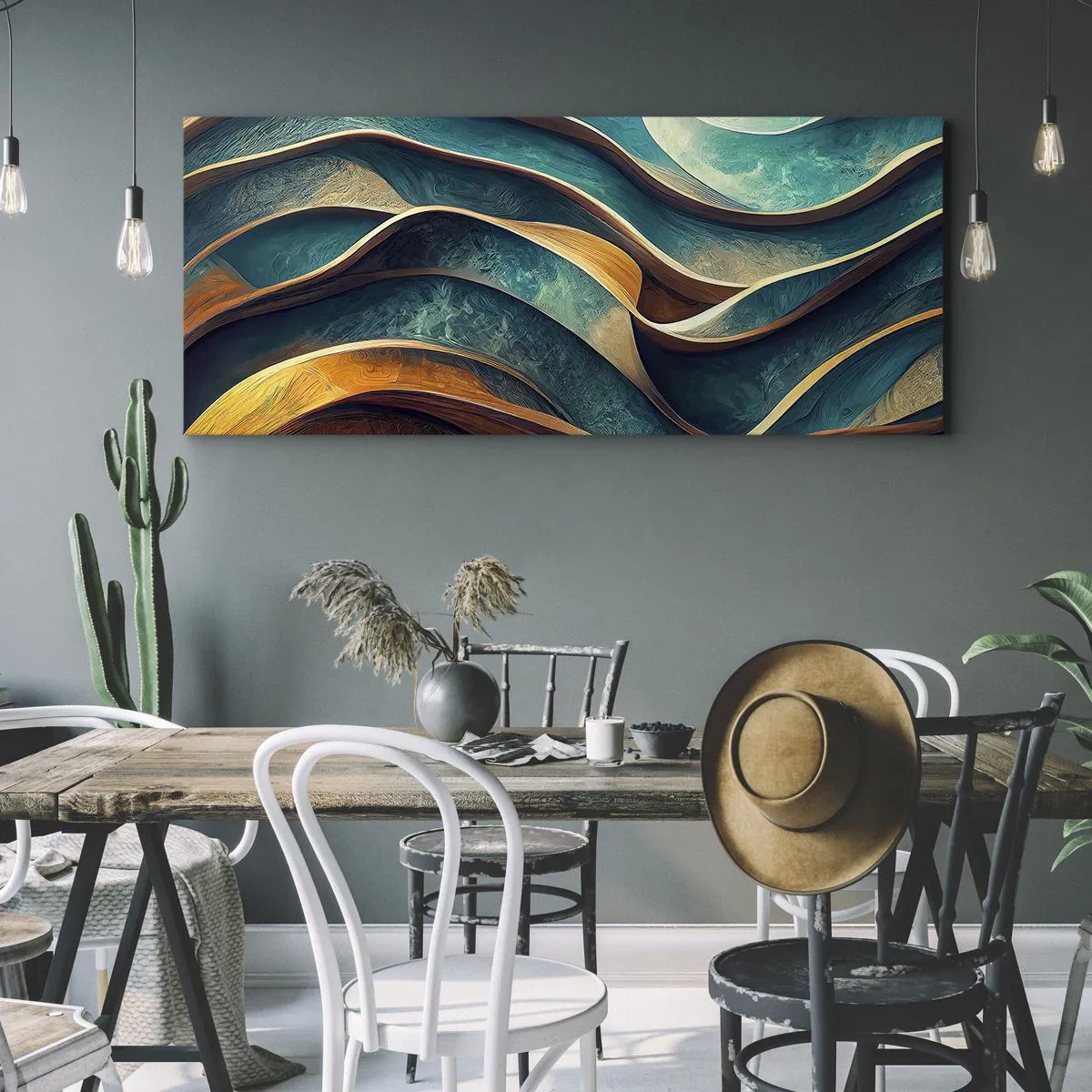 Obraz na płótnie - Abstrakcyjne fale w odcieniach turkusu i złota - 120x50cm - Meandry błękitu - Nowoczesna dekoracja ścienna do salonu i sypialni ARTTOR