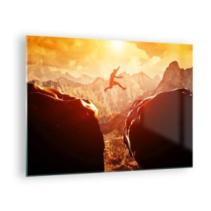 Obraz na szkle - Skok przez przepaść w górskim krajobrazie o zachodzie słońca - 70x50cm - Przekraczając granice - Nowoczesna dekoracja ścienna do salonu i sypialni ARTTOR
