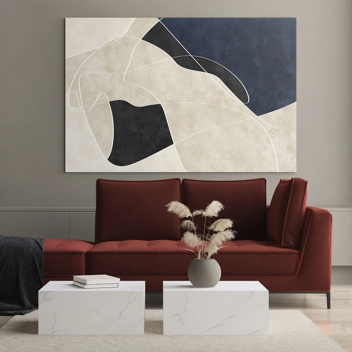 Obraz na szkle - Nowoczesna abstrakcja z kontrastowymi formami i liniami - 70x50cm - Kompozycja abstrakcyjna – kontrast barw - Nowoczesna dekoracja ścienna do salonu i sypialni ARTTOR