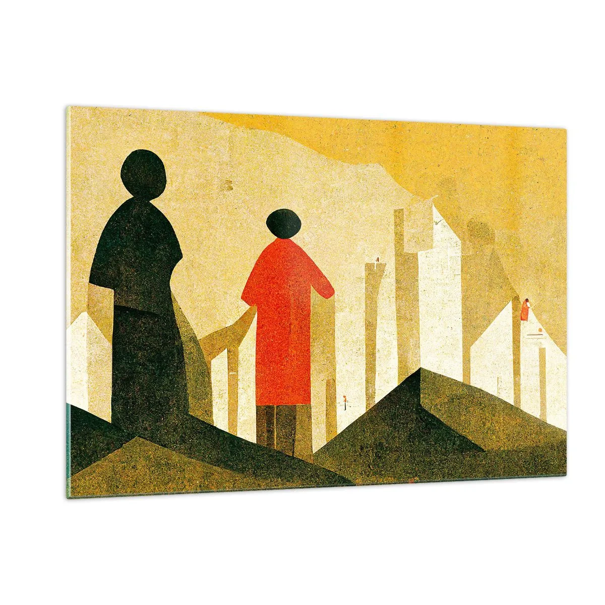 Obraz na szkle - Geometryczne sylwetki postaci wśród wysokich form na tle żółtego nieba - 120x80cm - Jeszcze daleka droga - Nowoczesna dekoracja ścienna do salonu, kuchni i sypialni ARTTOR