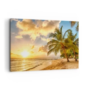 Obraz na płótnie - Plaża z palmami i zachodem słońca nad oceanem - 120x80cm - Wieczne lato, zawsze wakacje - Nowoczesna dekoracja ścienna do salonu, kuchni i sypialni ARTTOR