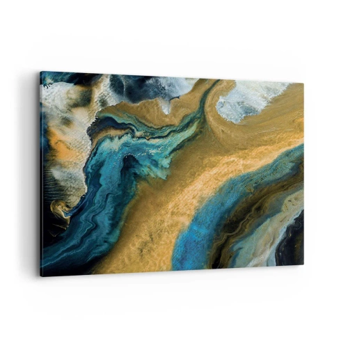 Obraz na płótnie - Abstrakcyjne fale w odcieniach złota i niebieskiego - 100x70cm - Niebieski – zółty – wzajemne wpływy - Nowoczesna dekoracja ścienna do salonu, kuchni i sypialni ARTTOR