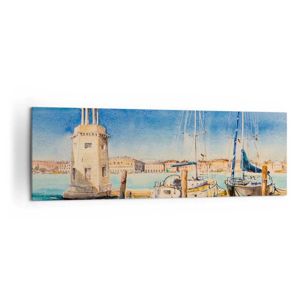 Obraz na płótnie - Marina z łodziami na tle błękitnej laguny - 160x50cm - Słoneczna laguna - Nowoczesna dekoracja ścienna do salonu i sypialni ARTTOR