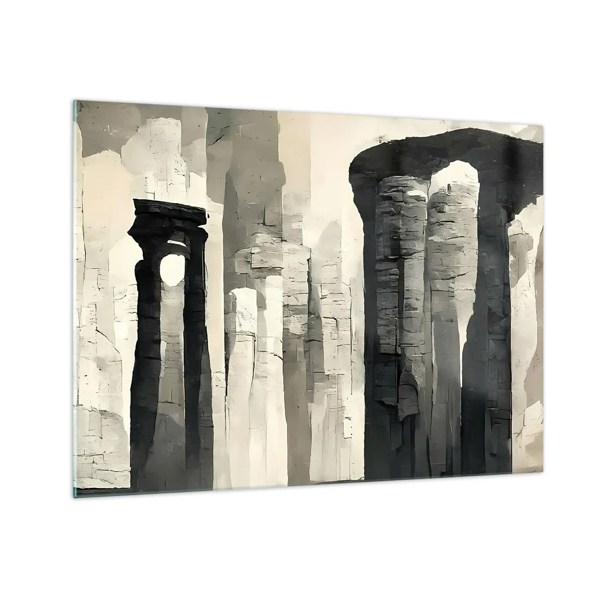Obraz na szkle - Kamienne kolumny w stylu antycznym w neutralnej palecie barw - 70x50cm - Majestat antyku - Nowoczesna dekoracja ścienna do salonu i sypialni ARTTOR