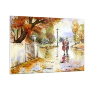 Obraz na szkle - Jesienny spacer pary po parku z kolorowymi liśćmi - 120x80cm - Romantyczna jesień w parku - Nowoczesna dekoracja ścienna do salonu, kuchni i sypialni ARTTOR