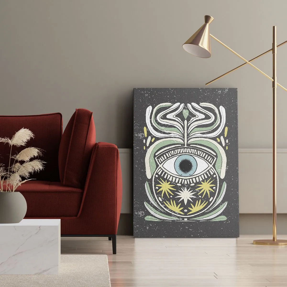 Obraz na płótnie - Symboliczny wzór z okiem, roślinnymi elementami i geometrycznymi kształtami - 50x70cm - Plemienne rytuały - Nowoczesna dekoracja ścienna do salonu, kuchni i sypialni ARTTOR