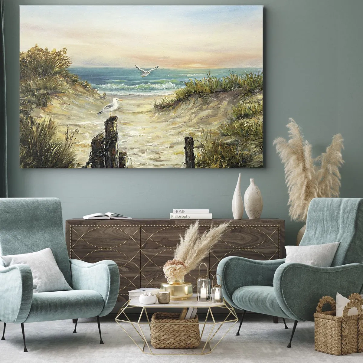 Obraz na płótnie - Wybrzeże z mewami i wydmami o zachodzie słońca - 70x50cm - Bezwietrzne zacisze - Nowoczesna dekoracja ścienna do salonu i sypialni ARTTOR