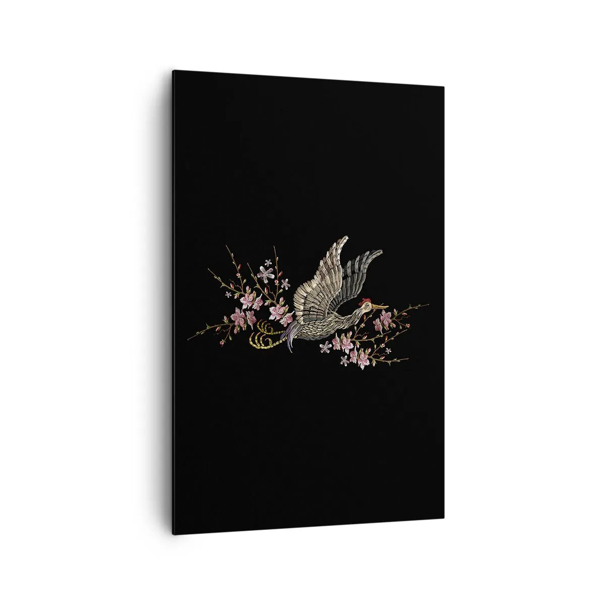 Obraz na płótnie - Ptak w locie z kwiatami na czarnym tle - 80x120cm - Egzotyczny, haftowany ptak - Nowoczesna dekoracja ścienna do salonu i sypialni ARTTOR