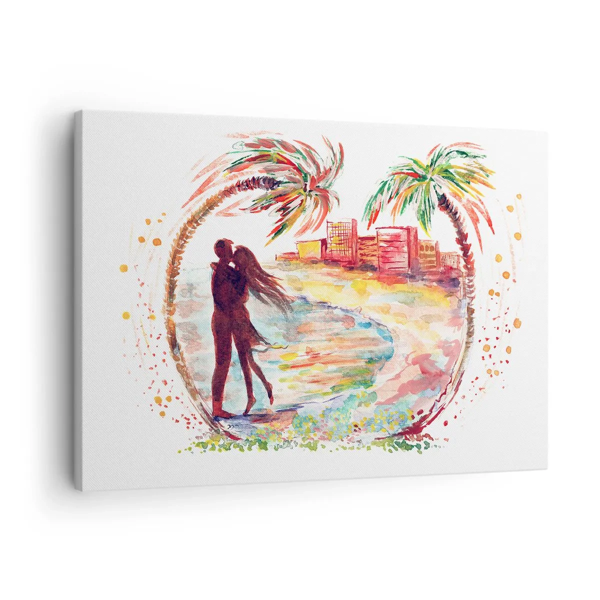 Obraz na płótnie - Romantyczna scena pary na plaży z palmami w akwareli - 70x50cm - Romantyczne wakacje - Nowoczesna dekoracja ścienna do salonu i sypialni ARTTOR