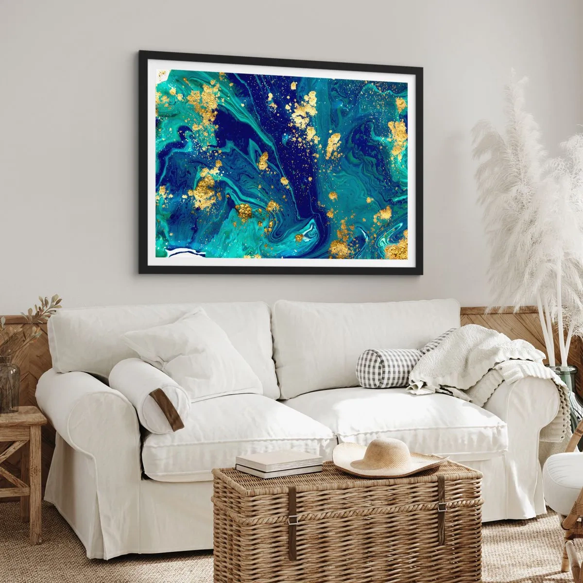Plakat w czarnej ramie - Abstrakcyjna kompozycja z błękitem, zielenią i złotymi akcentami - 70x50cm - Płatki słońca - Nowoczesna dekoracja ścienna do salonu i sypialni ARTTOR