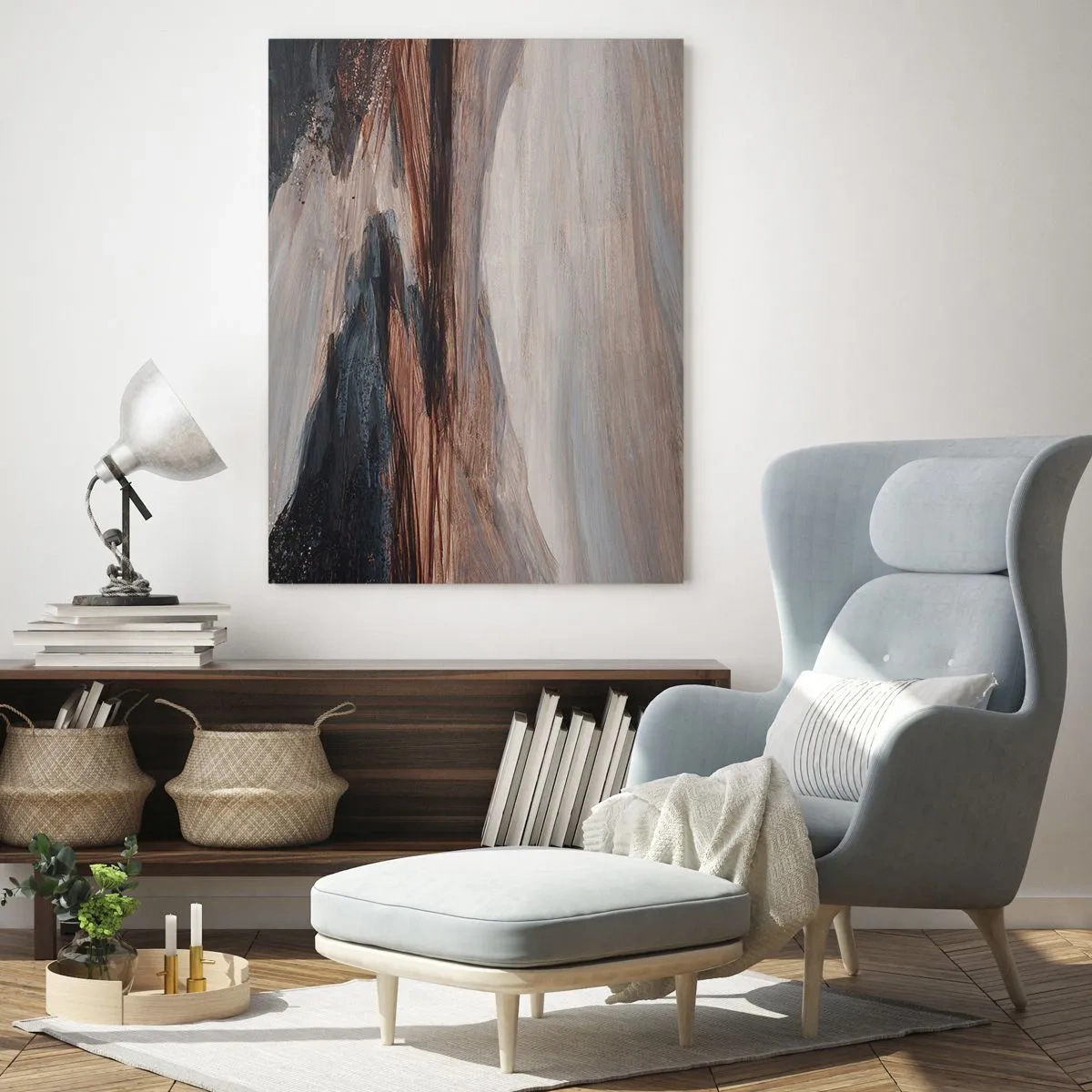 Obraz na szkle - Malownicza dolina z rzeką w odcieniach brązu i błękitu - 50x70cm - Spokojna dolina - Nowoczesna dekoracja ścienna do salonu, kuchni i sypialni ARTTOR