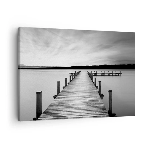 Obraz na płótnie - Czarno-biały pomost na spokojnym jeziorze - 70x50cm - U wodopoju – spokoju - Nowoczesna dekoracja ścienna do salonu i sypialni ARTTOR