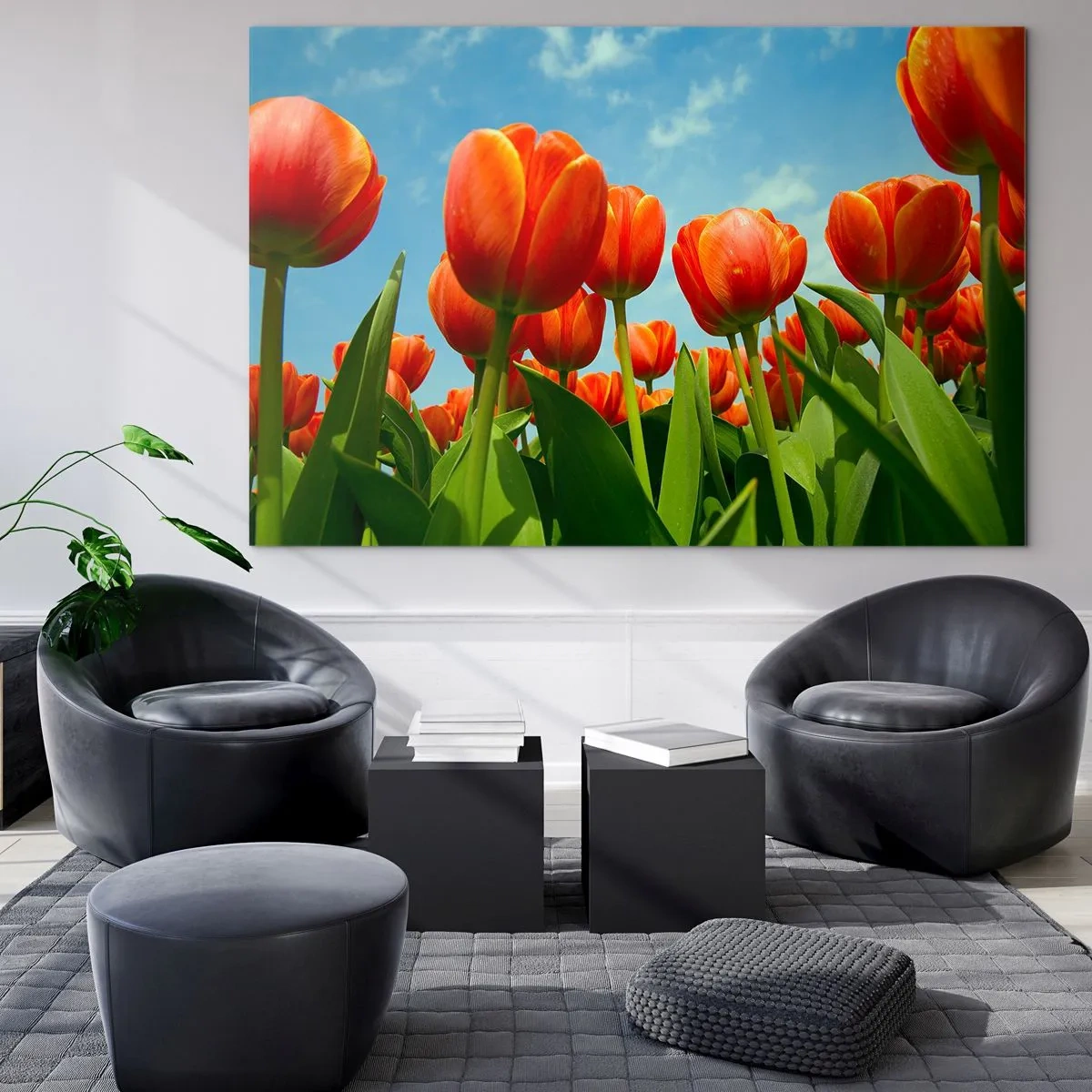 Obraz na szkle - Pole czerwonych tulipanów pod błękitnym niebem - 100x70cm - Oprócz błękitnego nieba nic im w życiu nie potrzeba - Nowoczesna dekoracja ścienna do salonu, kuchni i sypialni ARTTOR