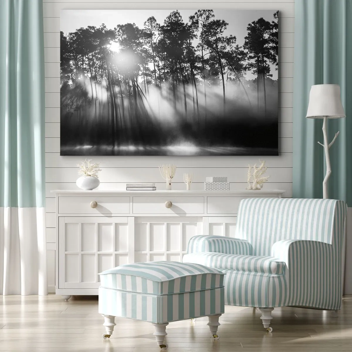 Obraz na płótnie - Czarno-biały las w porannej mgle - 70x50cm - Niepowstrzymane słońce - Nowoczesna dekoracja ścienna do salonu i sypialni ARTTOR