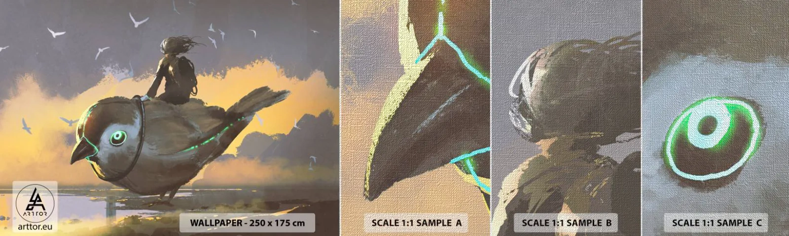 Fototapeta Próbka Premium Canvas - Przystanek w fantastycznej podróźy - Abstrakcja, Ptak, Fantasy - 100x30 cm