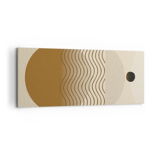 Obraz na płótnie - Geometryczna abstrakcja z kołami i falistymi liniami w ciepłych barwach - 120x50cm - O pochodzeniu figur geometrycznych - Nowoczesna dekoracja ścienna do salonu i sypialni ARTTOR