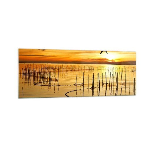 Obraz na szkle - Zachód słońca nad wodą z ptakami w locie - 140x50cm - Na łowisku - Nowoczesna dekoracja ścienna do salonu i sypialni ARTTOR