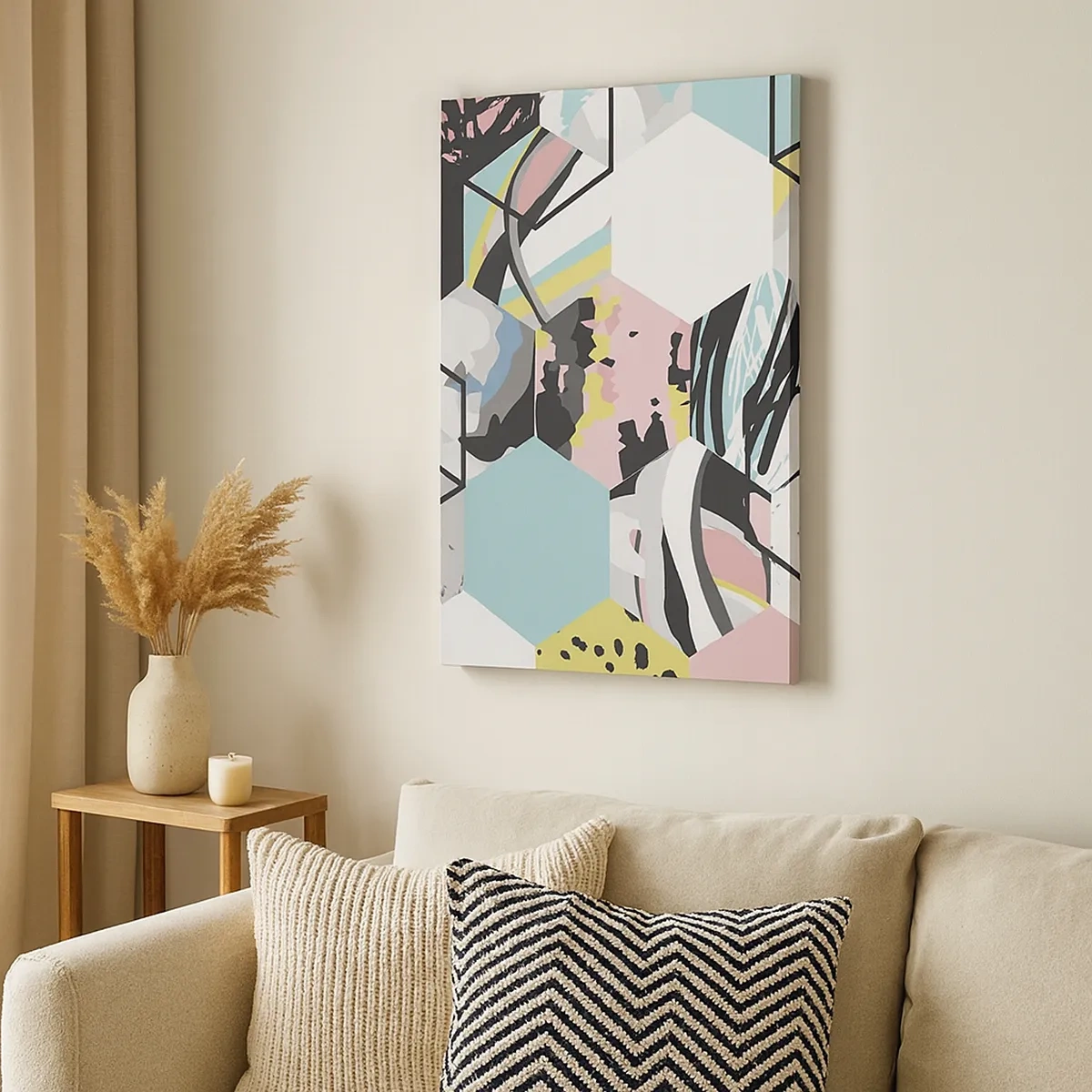 Obraz na płótnie - Nowoczesna kompozycja geometryczna z pastelowymi i czarnymi akcentami - 50x70cm - Sześciokąty i sześciany w sześciu barwach - Nowoczesna dekoracja ścienna do salonu, kuchni i sypialni ARTTOR