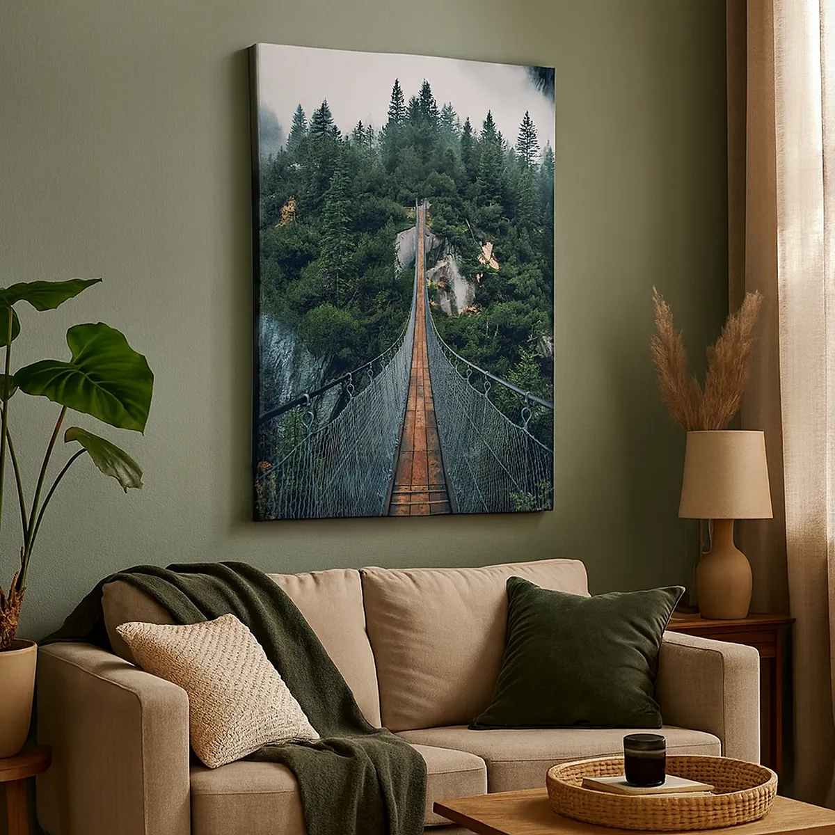 Obraz na płótnie - Wiszący most prowadzący przez gęsty las wśród mglistych gór - 50x70cm - Tylko dla orłów - Nowoczesna dekoracja ścienna do salonu, kuchni i sypialni ARTTOR