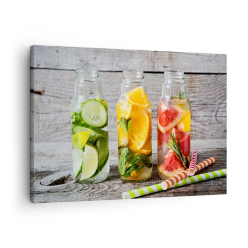 Obraz na płótnie - Butelki z owocową wodą i ziołami na drewnianym tle - 70x50cm - Zdrowe z natury - Nowoczesna dekoracja ścienna do salonu i sypialni ARTTOR