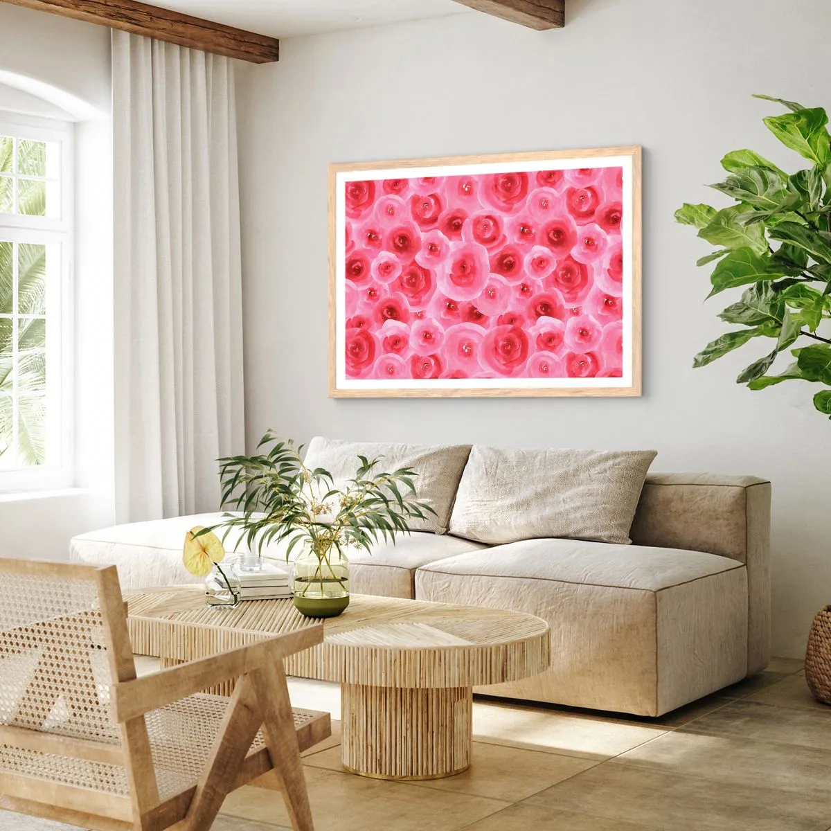 Plakat w ramie jasny dąb - Róże na dole i na górze - 70x50 cm