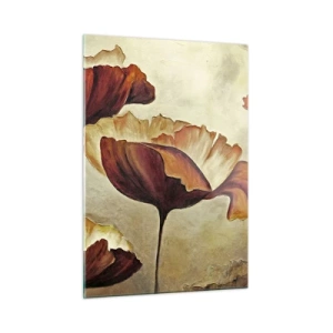 Obraz na szkle - Makowe kwiaty w odcieniach czerwieni i złota na jasnym tle - 50x70cm - Łąki łan - Nowoczesna dekoracja ścienna do salonu, kuchni i sypialni ARTTOR