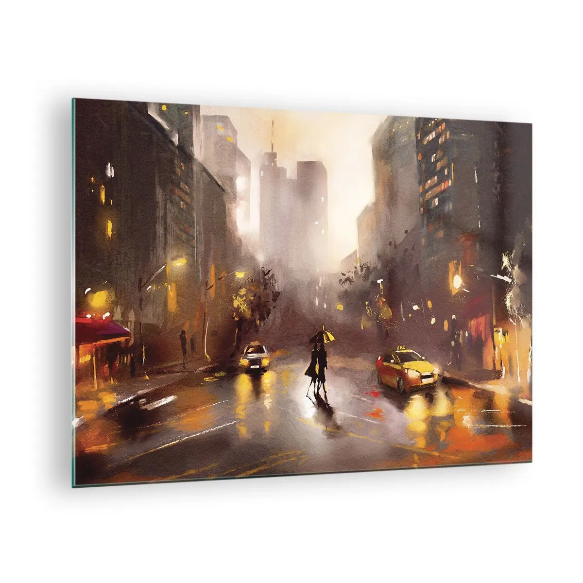 Obraz na szkle - Miasto nocą w deszczu z taksówkami i sylwetką pary - 70x50cm - W światłach Nowego Jorku - Nowoczesna dekoracja ścienna do salonu i sypialni ARTTOR