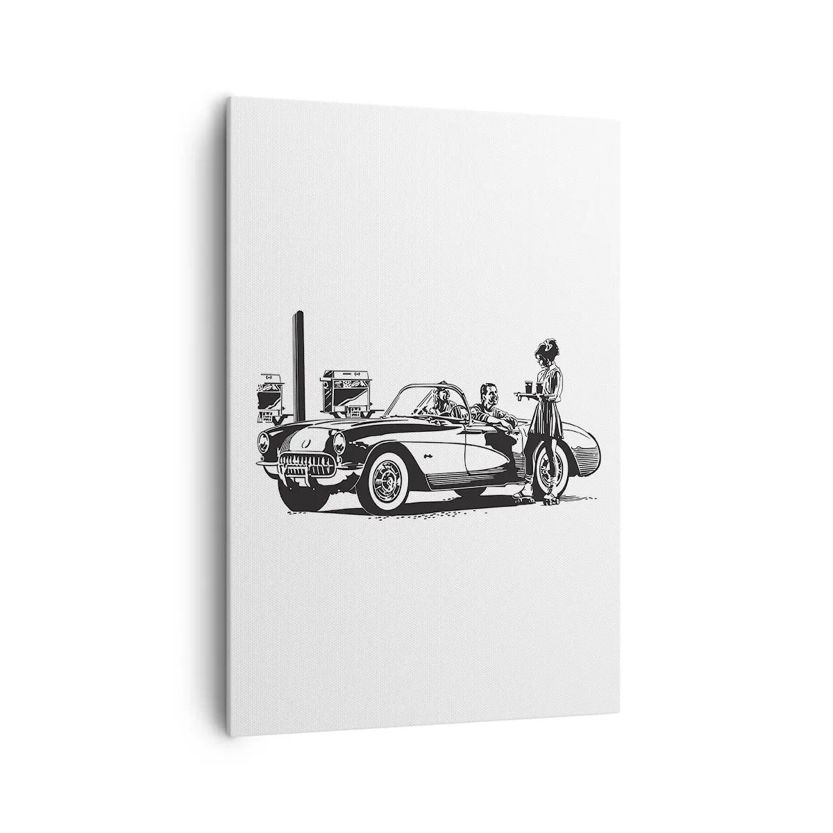 Obraz na płótnie - Czarno-biała scena retro z samochodem i kelnerką na wrotkach - 70x100cm - 60. - beztroska Ameryka - Nowoczesna dekoracja ścienna do salonu i sypialni ARTTOR