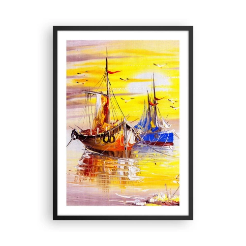 Plakat w czarnej ramie - Kolorowe żaglówki o zachodzie słońca - 50x70cm - Zasłużony odpoczynek w porcie - Nowoczesna dekoracja ścienna do salonu i sypialni ARTTOR
