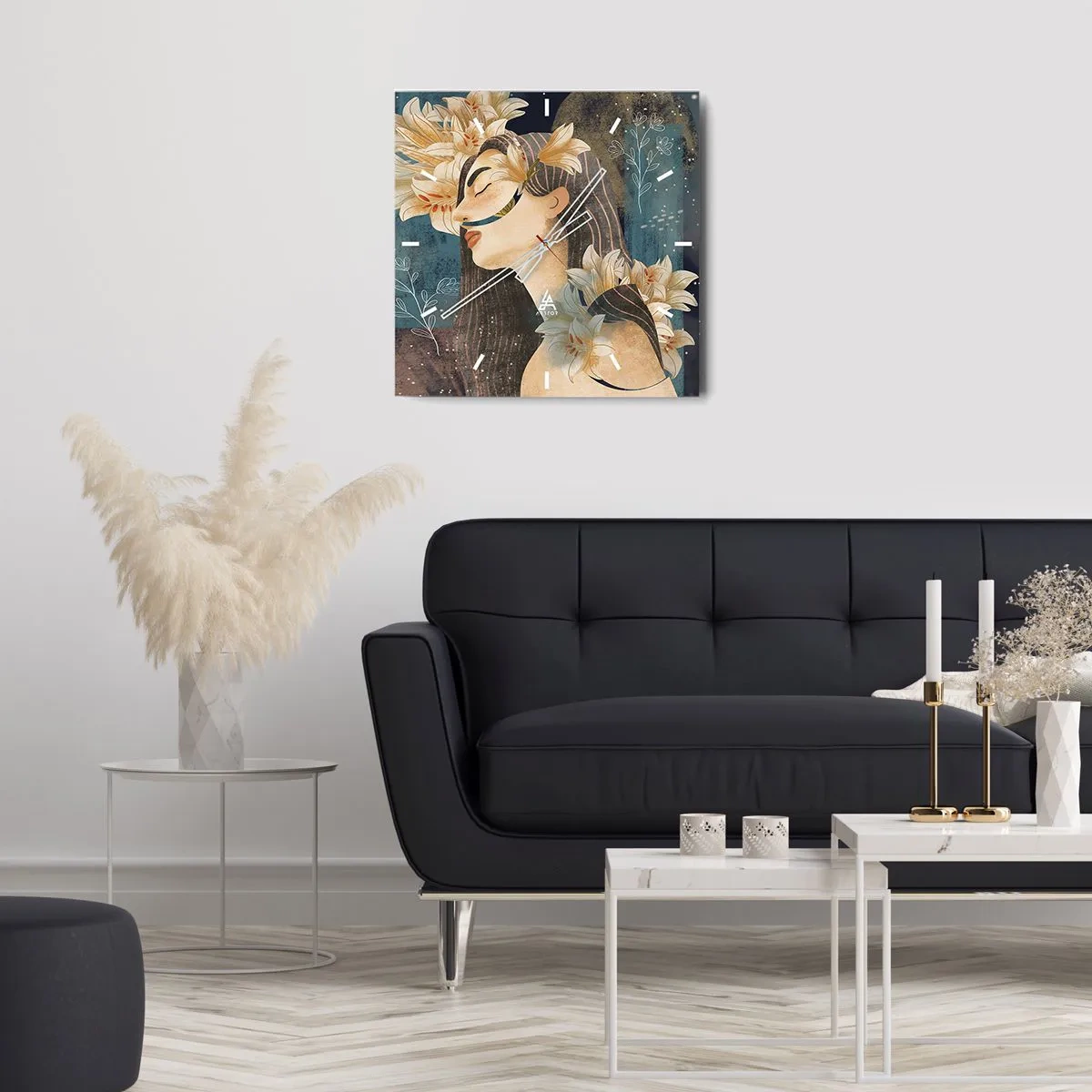 Zegar ścienny - Portret kobiety z kwiatami w artystycznym stylu na ciemnym tle - 30x30cm - Baśń o królewnie z liliami - Nowoczesna dekoracja ścienna do salonu i sypialni ARTTOR