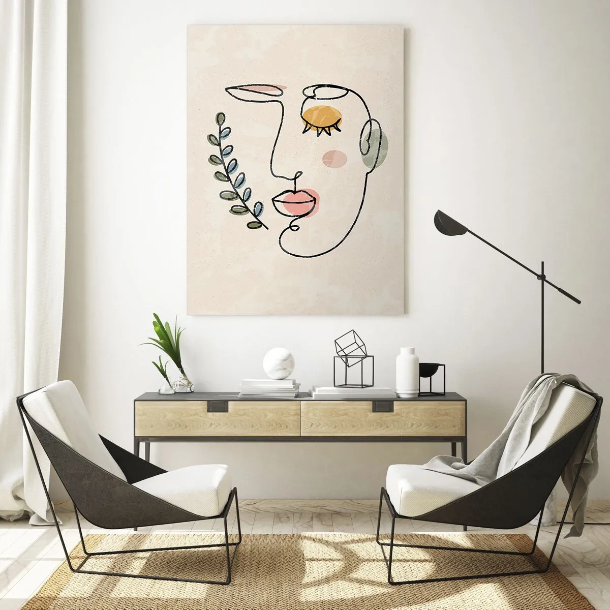 Obraz na szkle - Minimalistyczny rysunek twarzy z roślinnym motywem na jasnym tle - 70x100cm - Spokój odnaleziony - Nowoczesna dekoracja ścienna do salonu i sypialni ARTTOR
