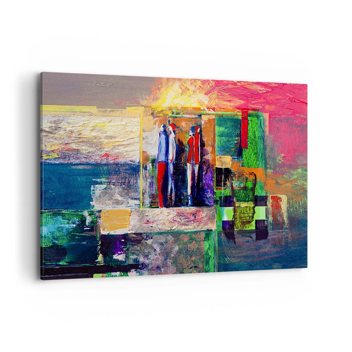 Obraz na płótnie - Abstrakcyjna kompozycja z postaciami i geometrycznymi wzorami - 120x80cm - Relacje i emocje - Nowoczesna dekoracja ścienna do salonu, kuchni i sypialni ARTTOR