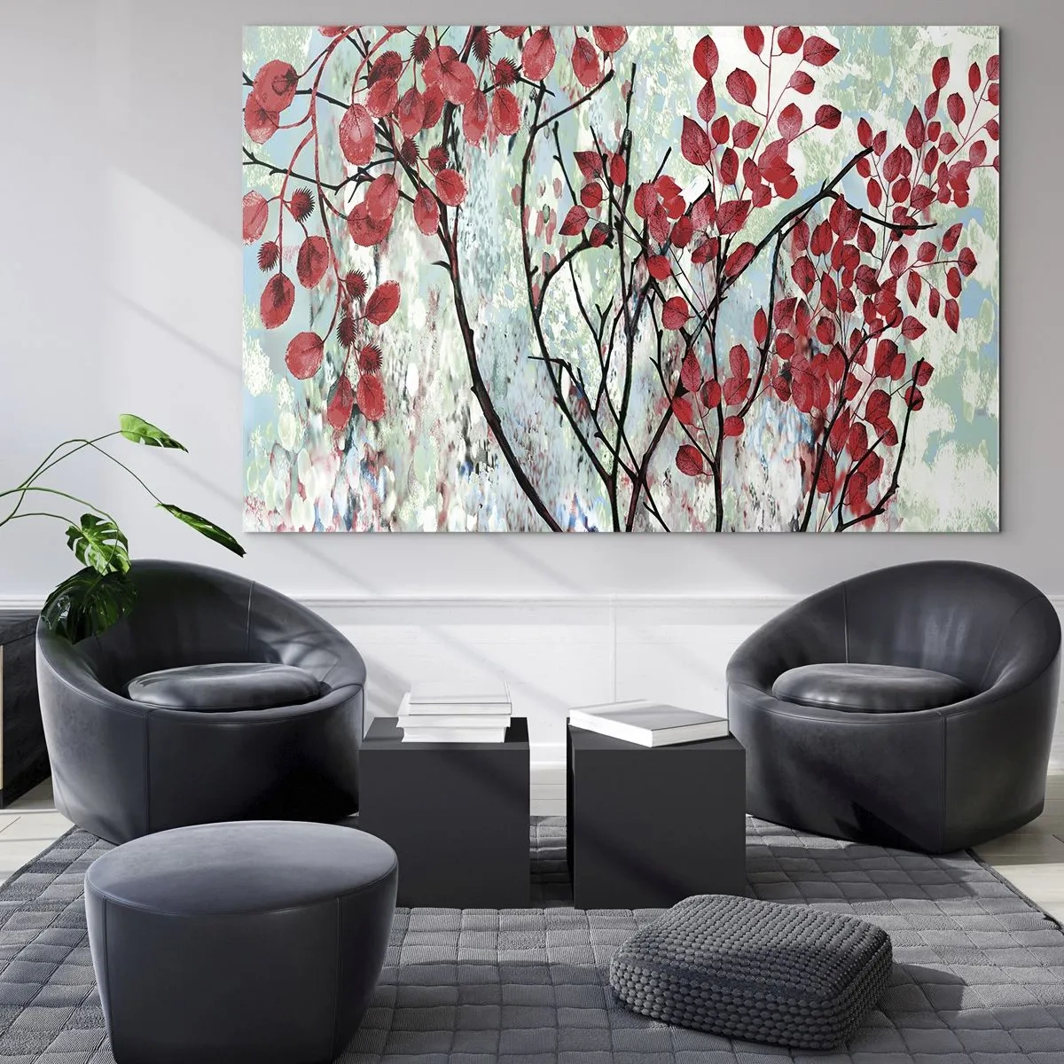 Obraz na szkle - Gałęzie z czerwonymi liśćmi na malarskim tle - 70x50cm - Drzewo w szkarłacie - Nowoczesna dekoracja ścienna do salonu i sypialni ARTTOR