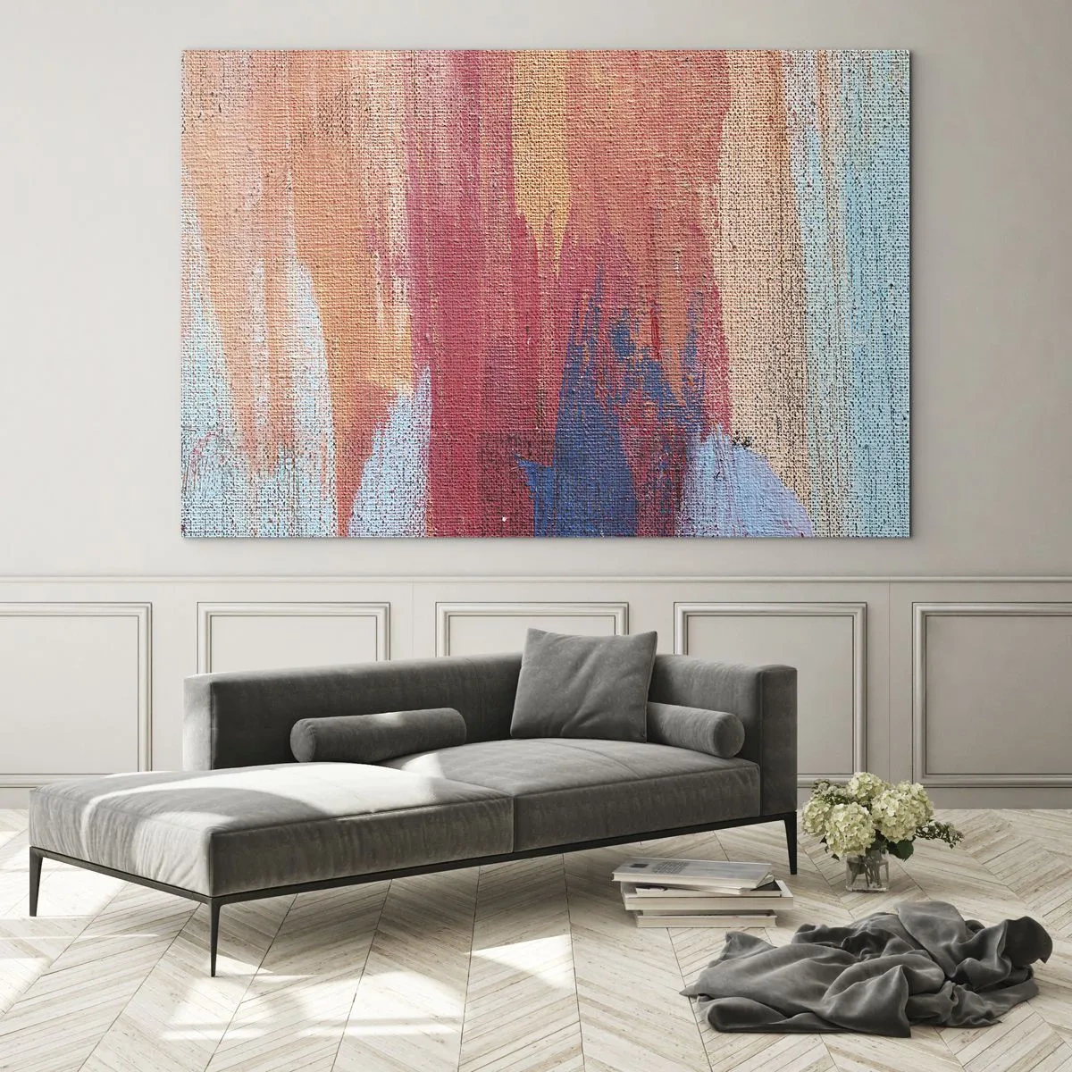 Obraz na szkle - Kolorowe smugi farby na płóciennej strukturze - 70x50cm - Spłynąć tęczą - Nowoczesna dekoracja ścienna do salonu i sypialni ARTTOR