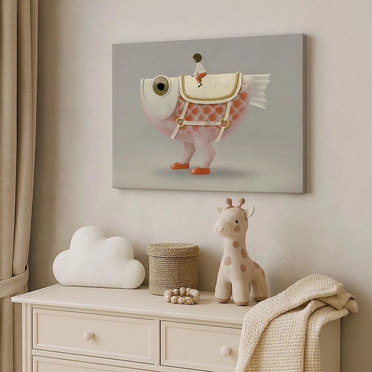 Obraz na płótnie - Fantazyjny jeździec na rybie z nogami i siodłem - 70x50cm - Ryboński jeździec - Nowoczesna dekoracja ścienna do salonu i sypialni ARTTOR