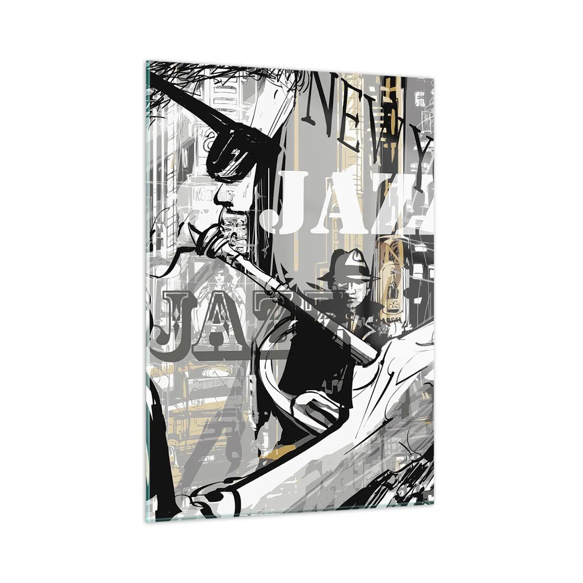Obraz na szkle - Stylowy rysunek jazzmana grającego na trąbce w scenerii Nowego Jorku - 50x70cm - W rytmie Nowego Jorku - Nowoczesna dekoracja ścienna do salonu, kuchni i sypialni ARTTOR