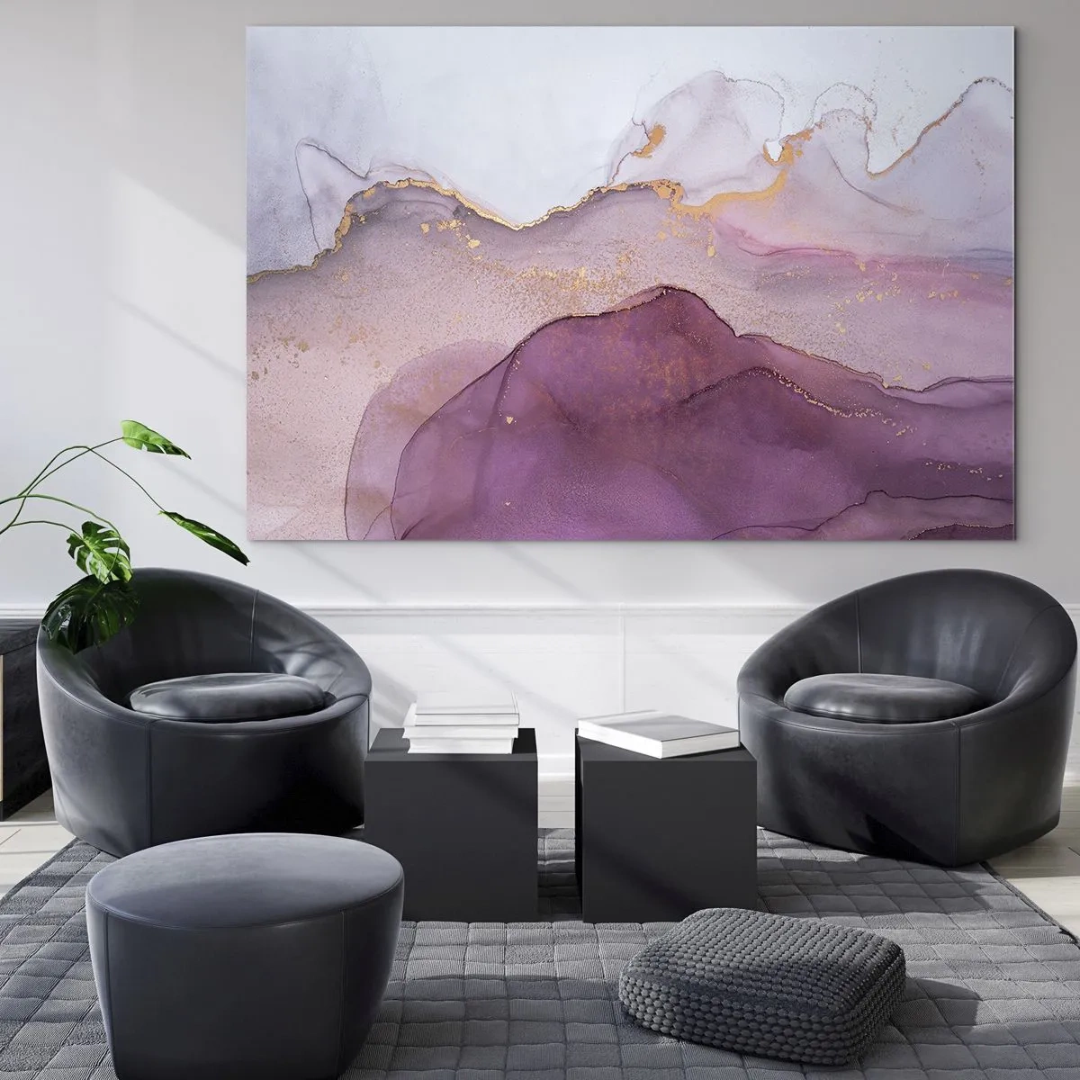 Obraz na szkle - Abstrakcyjne fale w odcieniach fioletu z akcentami złota - 70x50cm - Fale lila i fioletu - Nowoczesna dekoracja ścienna do salonu i sypialni ARTTOR