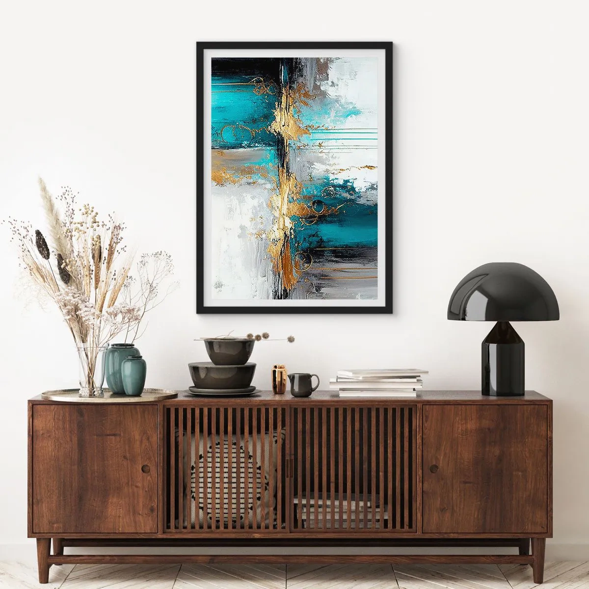 Plakat w czarnej ramie - Abstrakcyjna kompozycja w odcieniach turkusu i złota - 50x70cm - Wszystko płynie - Nowoczesna dekoracja ścienna do salonu i sypialni ARTTOR
