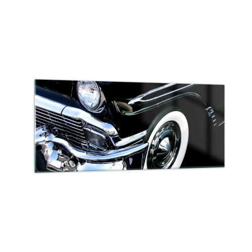 Obraz na szkle - Czarny klasyczny samochód w zbliżeniu na reflektor i błotnik - 120x50cm - Klasyka w srebrze, czerni i bieli - Nowoczesna dekoracja ścienna do salonu i sypialni ARTTOR