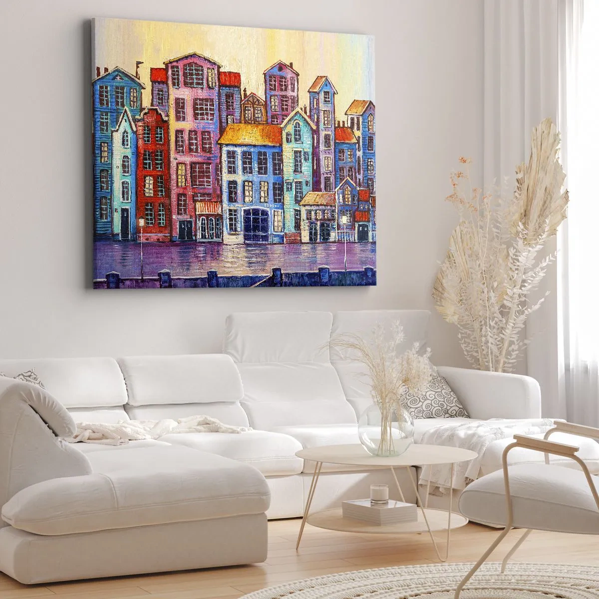 Obraz na płótnie - Kolorowe kamienice nad wodą w artystycznym stylu - 70x50cm - Miasto jak z bajki - Nowoczesna dekoracja ścienna do salonu i sypialni ARTTOR